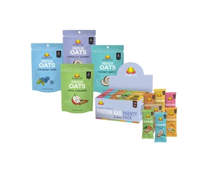 Amrita Overnight Oats Variety Pack 4 Flavors (56 oz) + Protein Bar Variety Pack 7 Flavors (12 bars) | High Fiber, High Protein Oatmeal for Breakfast, Shakes, Healthy Snacks | High Protein Plant Based 386969065