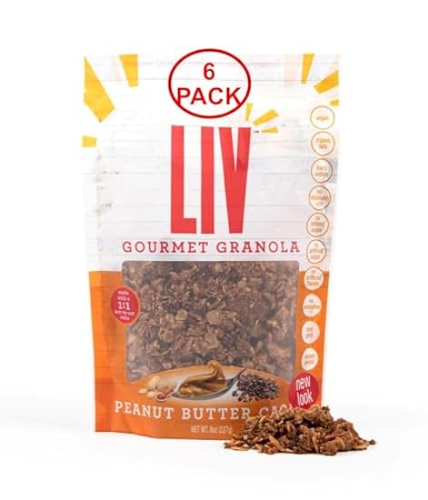 Liv Gourmet Granola, Peanut Butter Cacao Granola, 8oz bag (Pack of 6), Healthy, Nuts, Nutrient Dense, 1:1 Nut-to-Oat Ratio, Non-GMO, Low in Sugar, Vegan, Women Owned, Organic Oats, No Artificial Sugar or Flavors, Lightly Sweetened, No Inflammatory Oils 77