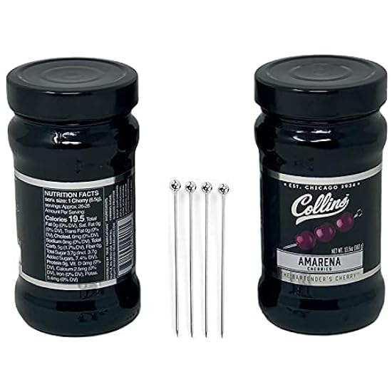 Collins Amarena Cherries (Pack of 2, 13.5 oz each) bundled with complimentary 4-count cocktail picks - Stemless and Pitted - Tasty Cocktail Garnish - For Perfect Cocktails and Desserts 141298040