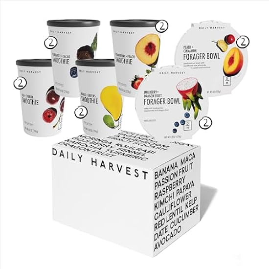 Daily Harvest - Heart Healthy Box (10 Pack), Frozen Organic Smoothies (2), Oat Bowls(2), Burrito Bowl(2), Pasta(2), Grains(1), Snack Bites(1), Fruit + Vegetables, Sin gluten, Sin azucar Added, Vegan, Easy to Prep Snacks + Meals 801973129