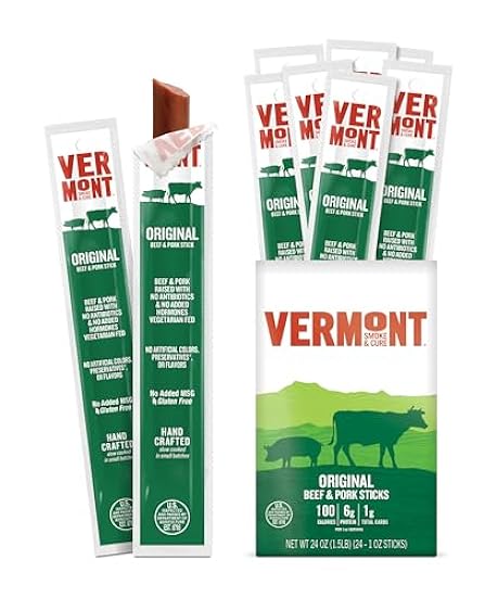 Snack Sticks by Vermont Smoke & Cure – Original Flavor – Carne de res & Pork – Healthy Meat Protein – 1oz Jerky Stick – 24 count carton 503863703