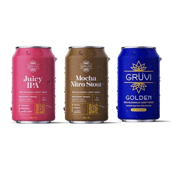 Gruvi Non-Alcoholic Beer Variety Pack, 18-Pack, Mocha Nitro Stout, Juicy IPA, Golden Lager, Less than 0.5% ABV, NA Beer… 14294297