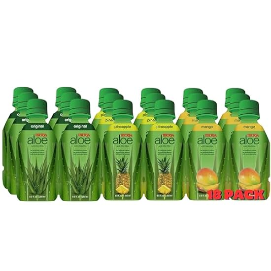 Iberia Aloe Vera Drinks With Pure Aloe Pulp, 9.5 fl. Oz. (Pack of 18) 6 x Original, 6 x Mango, 6 x Pineapple 535738182