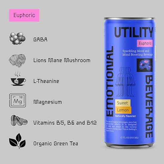 Emotional Utility Beverage - Euphoric: Sweet Lemon Sparkling Beverage with Nootropics & Adaptogens, 12oz cans (12 pack) 176360118