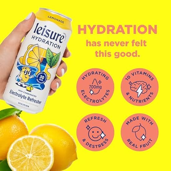 Leisure Project, Hydration Beverage, Lemonade (16 Ounce Cans, Pack of 12) - Lemon, Refreshing Lemonade Flavor - Non Carbonated, Caffeine Free, Electrolyte Refresher 593868917