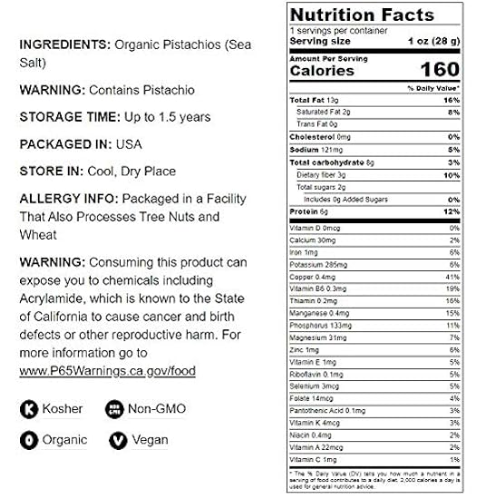 Organic Pistachios, 2 Pounds — In Shell, Dry Roasted with Sea Salt, Non-GMO, Kosher, Vegan, Bulk 643462449