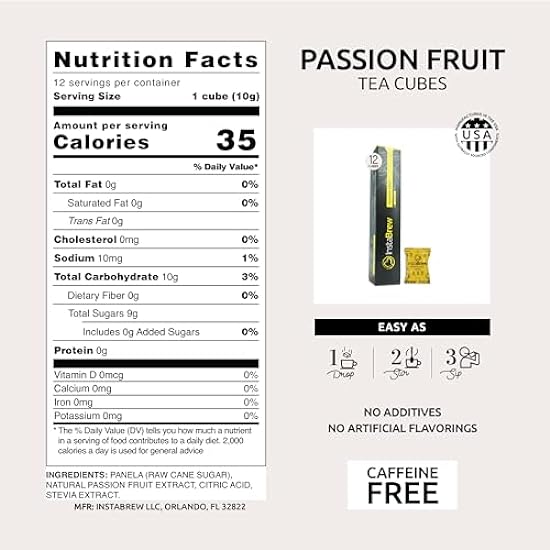 Instabrew Passion Fruit Tea Cubes - Hot or Iced, Lightly Sweetened, Decaffeinated, Individually Packaged, Convenient, On-the-Go, Sustainable Packaging (12 Count - Pack of 4) 933237058