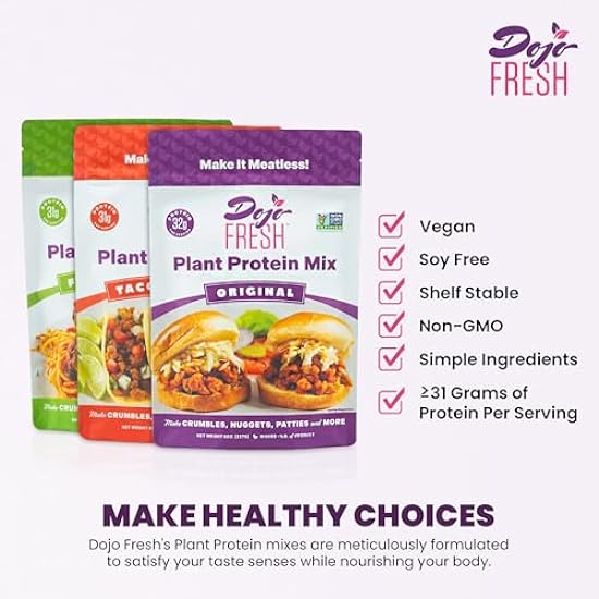 Dojo Fresh Plant Protein Mix Bundle - 1 Original, 1 Taco Seasoned and 1 Fennel and Sage - Vegan, Soy Free, Shelf Stable Plant Based Meat Alternative - ≥31g Protein Per Serving (8 oz, Pack of 3) 16946728