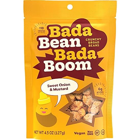 Bada Bean Bada Boom - Plant-Based Protein, Sin gluten, Vegan, Crunchy Roasted Broad (Fava) Bean Snacks, 100 Calories per Serving, Onion & Mustard, 4.5 Ounce (Pack of 6) 796173260