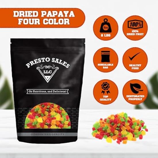 Papaya Four Color, Diced/Chopped, Great party color, Sweet and tropical flavor, Fruit intake, packaged in resealable 2 lbs. (32 oz.) pouch bag by Presto Sales LLC 591860411