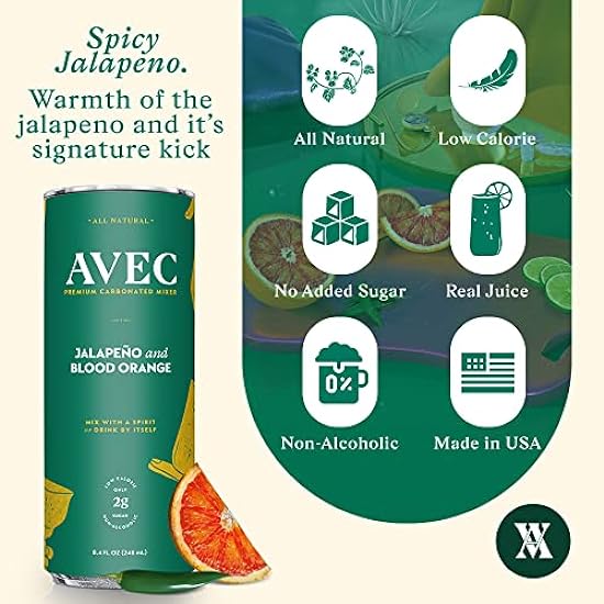 AVEC Jalapeño & Blood Orange Soda & Mixer - 12 Pack, 8.45 Oz | Sweet & Spicy Flavor Sparkling Water Seltzer Cans | Botanical Fresh Juice Cocktail Mixers | No Alcohol, Artificial Sugar & Preservatives 640464292