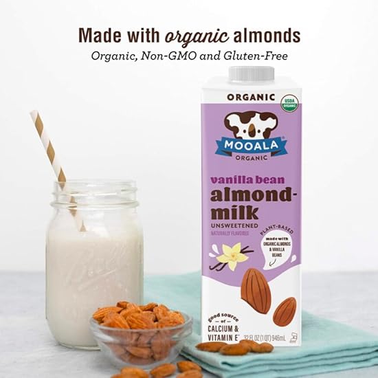 Mooala – Organic Vanilla Bean Almondmilk, Unsweetened, 32 fl oz (Pack of 6) – Shelf-Stable, Non-Dairy, Gluten-Free, Vegan & Plant-Based Beverage with No Added Sugar (Unsweetened Vanilla Bean) 770620470