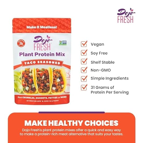 Dojo Fresh Taco Seasoned Plant Protein Mix – Plant Based Meat Alternative for Meatless Tacos Burritos Enchiladas, etc - Vegan, Soy Free, Non-GMO, Shelf Stable- 31g Protein Per Serving (8 oz, Pack of 3) 677683162