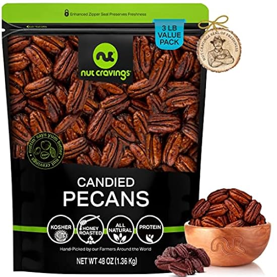 Nut Cravings - Candied Pecans Honey Glazed Praline, No Shell (48oz - 3 LB) Bulk Nuts Packed Fresh in Resealable Bag - Healthy Protein Food Snack, All Natural, Keto Friendly, Vegan, Kosher 534355250
