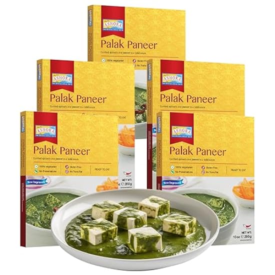Ashoka Ready to Eat Indian Meals Since 1930, 100% Vegetarian Palak Paneer, All-Natural Traditionally Cooked Indian Food, Plant-Based, Gluten-Free and with No Preservatives, 10 Ounce (Pack of 5) 275231433