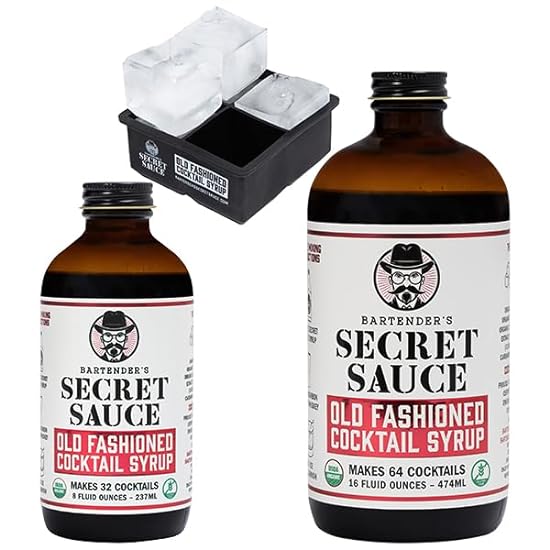 Bartender’s Secret Sauce Old Fashioned Cocktail Syrup + Ice Mold Bundle - 1x 8.0 oz & 1x 16.0 oz Bottle & 1x Large 4-Cube Ice Mold – Perfect for Old Fashioned’s and Whiskey Cocktails – Syrup makes 96 548906841