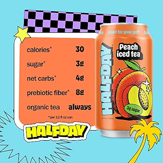 Halfday Prebiotic Peach Iced Tea 12-Pack - Nostalgic Flavor, Low Sugar, Incredible Taste - Paleo, Sin gluten, Drinks for Gut Health - Lightly Sweetened, Healthy Canned Iced Tea - 12 fl oz, 355 mL 53855517