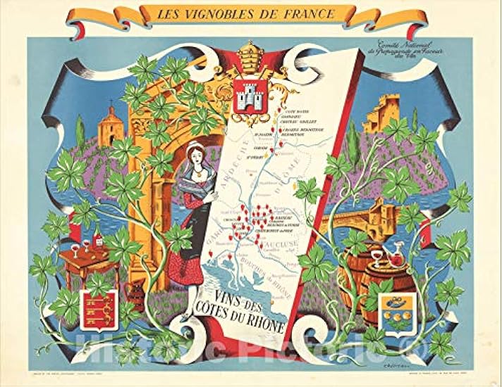 Historic Map : Les Vignobles De France - Vins de Cote du Rhone (The Vineyards of France - Wines of The Cote du Rhone Region - Chateauneuf de Pape), 1954, Vintage Wall Art : 30in x 24in 199812202
