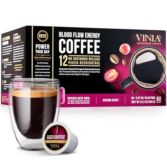 VINIA Blood Flow Energy Café Pods - Medium Roast Infused with Rojo Grape Piceid Resveratrol for Physical Energy & Mental Alertness, Specialty Superfood Café, Full-Bodied Chocolate Notes, 30 Ct 177826363