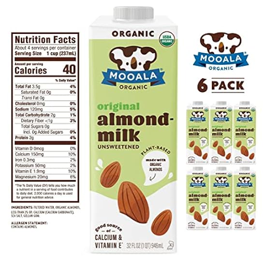Mooala – Organic Almondmilk, Unsweetened, 32oz (Pack of 6) – Shelf-Stable, Non-Dairy, Gluten-Free, Vegan & Plant-Based Beverage with No Added Sugar (Unsweetened Original) 655570190