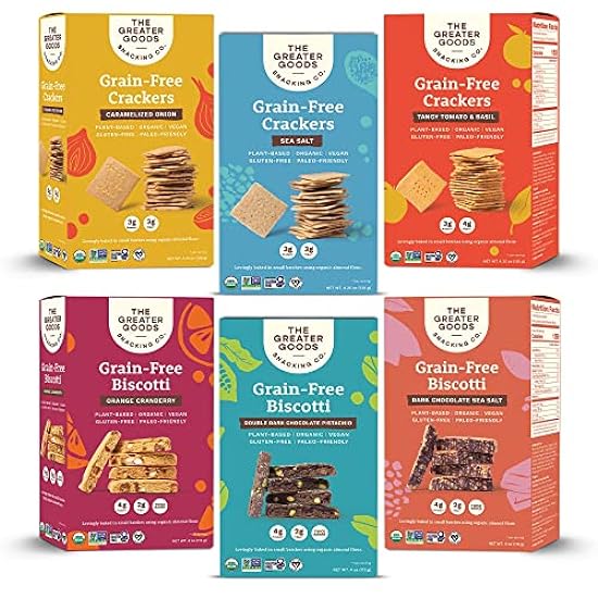 The Greater Goods Snacking Co. Biscotti & Crackers Sampler Mixed Bundle - Organic, Vegan, Grain Free, Sin gluten, and Paleo Friendly - Delicious Small Batch Almond Flour Baked Snacks - 6-Pack 996881298
