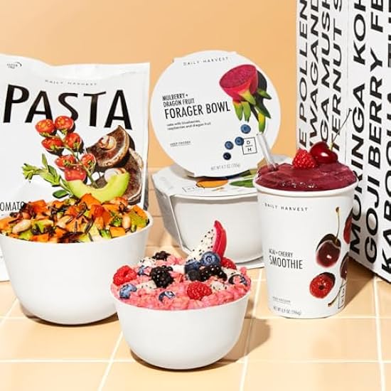 Daily Harvest - Heart Healthy Box (10 Pack), Frozen Organic Smoothies (2), Oat Bowls(2), Burrito Bowl(2), Pasta(2), Grains(1), Snack Bites(1), Fruit + Vegetables, Sin gluten, Sin azucar Added, Vegan, Easy to Prep Snacks + Meals 590059666