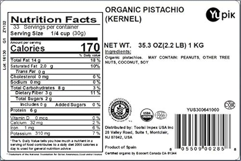 Yupik Nuts Organic Raw Pistachio Kernels, 2.2 lb, Non-GMO, Vegan, Gluten-Free 766485544