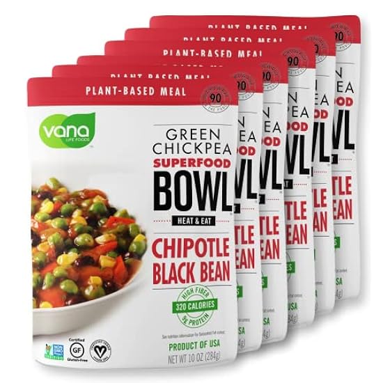 Vana Life´s Foods Plant based Ready Meal - Verde Chickpea Superfood Bowl Heat and Eat Microwaved Cooked Bowl | Product of the USA (Chipotle & Negro Bean, 6-Pack) 687957449