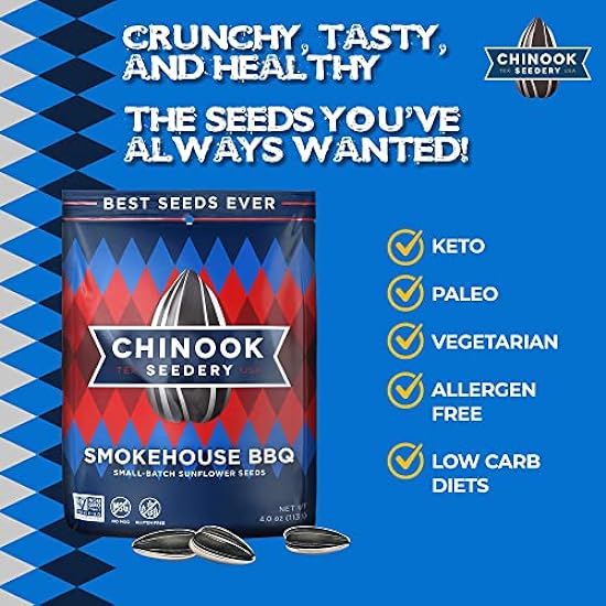 Chinook Seedery Roasted Jumbo Semillas de girasol - Keto Snacks - Best For Paquetes de bocadillos - Sin gluten, Non GMO Snack Food Gifts - 4 ounce (Pack of 12) - Smokehouse BBQ 431438404