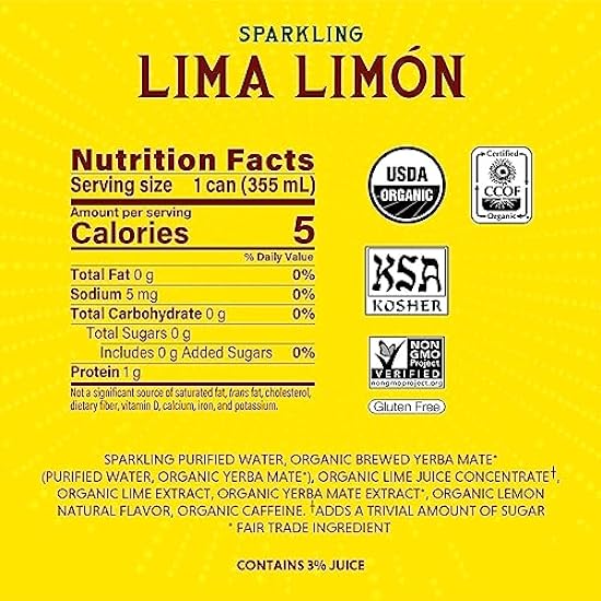Guayaki Yerba Mate, Sparkling Clean Energy Drink Alternative, Organic Lima Limón, 12oz Cans (Pack of 12), Unsweetened with 5 Calories Per Can, 80mg Caffeine 596884500