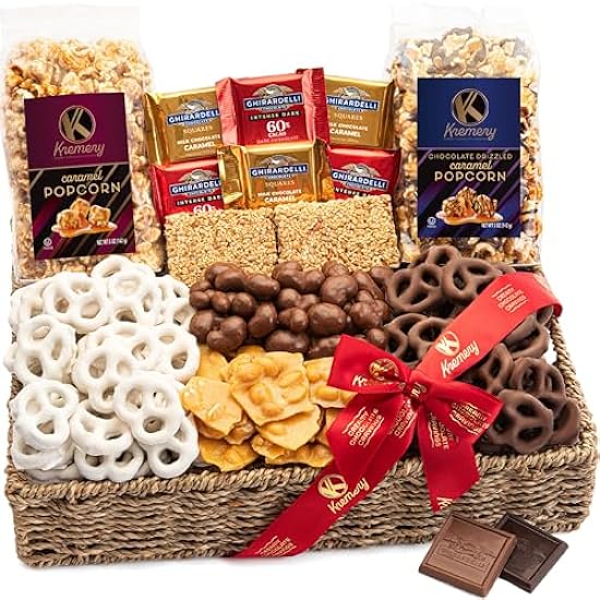Kremery - Milk Chocolate Covered Pretzels Gift Basket in Reusable Seagrass Tray + Ribbon (Large 3.5 LB) Easter Caramel Popcorn Peanut Brittle Cashews - USA Made 583943887