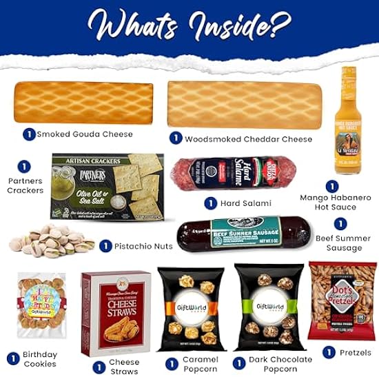 GiftWorld Birthday Meat and Cheese Gift Baskets, Birthday Cheese and Crackers Gift Basket, Birthday Food Gifts Assortment | Happy Birthday Food Gift Basket For Women, Birthday Food Gifts for Men 555608080