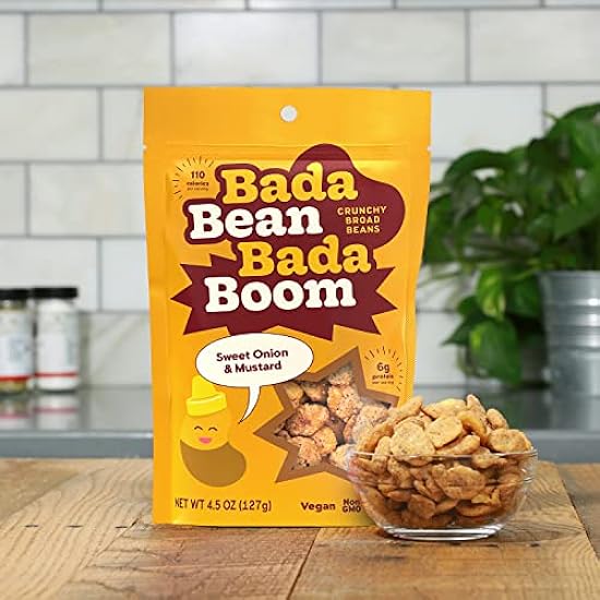 Bada Bean Bada Boom - Plant-Based Protein, Sin gluten, Vegan, Crunchy Roasted Broad (Fava) Bean Snacks, 100 Calories per Serving, Onion & Mustard, 4.5 Ounce (Pack of 6) 463437628