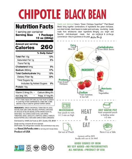 Vana Life´s Foods Plant based Ready Meal - Verde Chickpea Superfood Bowl Heat and Eat Microwaved Cooked Bowl | Product of the USA (Chipotle & Negro Bean, 6-Pack) 372632717