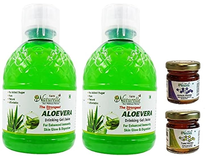 Farm Naturelle- 100% Pure The Finest Aloevera Juice with Extra Fiber 400Ml 1+1 Free(Pack of 2) and Free Honey 55g x 2 110054116