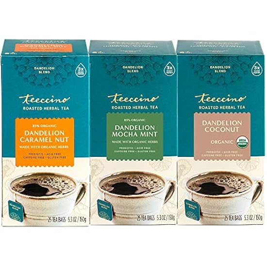 Teeccino Dandelion Root Tea Sampler - Caramel Nut, Mocha Mint, Coconut - Caffeine-Free, Roasted Herbal Tea with Prebiotics, Sin gluten - 25 Tea bolsas (Pack of 3) 167497711