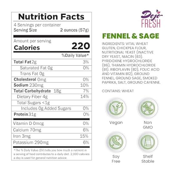 Dojo Fresh Fennel and Sage Plant Protein Mix – Plant Based Meat Alternative for Meatless Sausage Substitute - Vegan, Soy Free, Non-GMO, Shelf Stable - 31g Protein Per Serving (8 oz, Pack of 3) 929592977
