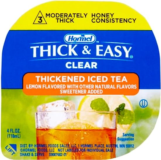 Hormel Thick & Easy Iced Tea, Lemon Flavored, Clear Single Serve Level 3 Honey Consistency Thickened Beverage, 4 oz Cup (Pack of 24) with 4 By The Cup Coasters 111262417