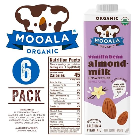 Mooala – Organic Vanilla Bean Almondmilk, Unsweetened, 32 fl oz (Pack of 6) – Shelf-Stable, Non-Dairy, Gluten-Free, Vegan & Plant-Based Beverage with No Added Sugar (Unsweetened Vanilla Bean) 841654636