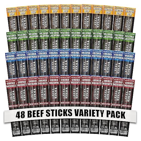 Carne de res Sticks Variety Pack | Tender, Flavorful, Extra Large Carne de res Jerky Sticks with up to 15g of Protein Per Meat Stick, Carnivore Diet, Sin gluten, High Protein, Healthy Snacks for Adults (48 Sticks) 626197172